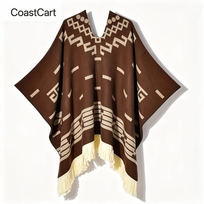 Ponchos & Shawls - Poncho for Men Vintage Geometric Pattern Tassel Detail Warm Acrylic Shawl - product detail view 4