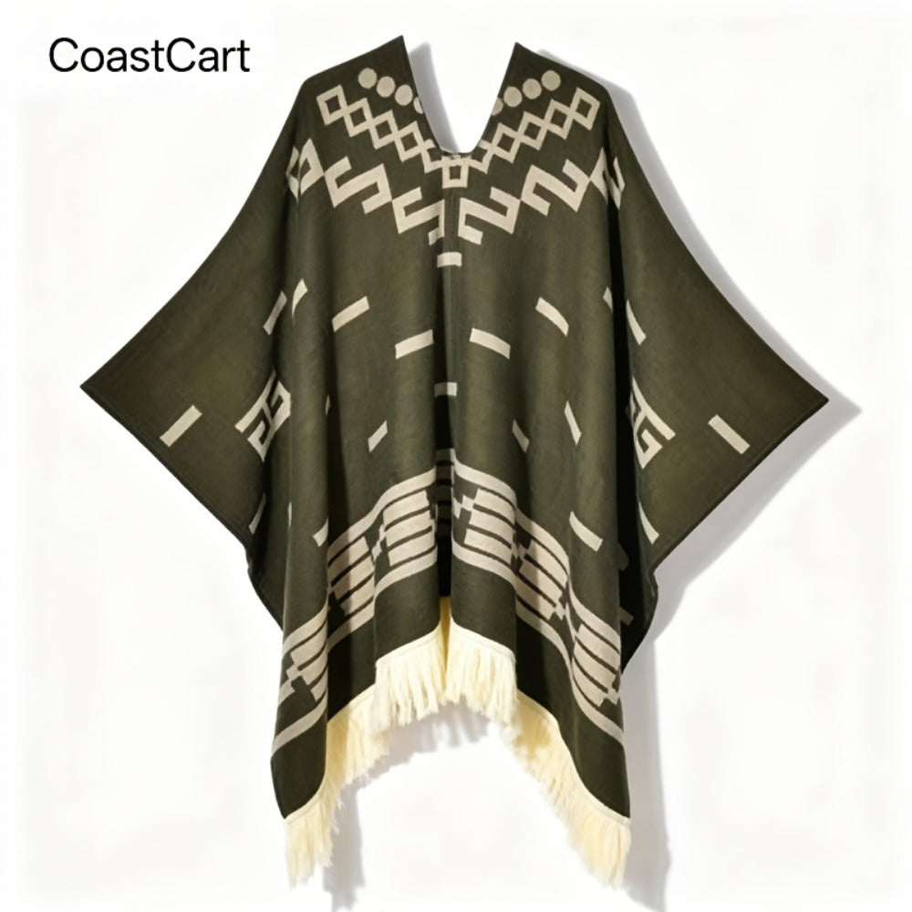 Ponchos & Shawls - Poncho for Men Vintage Geometric Pattern Tassel Detail Warm Acrylic Shawl - product detail view 5