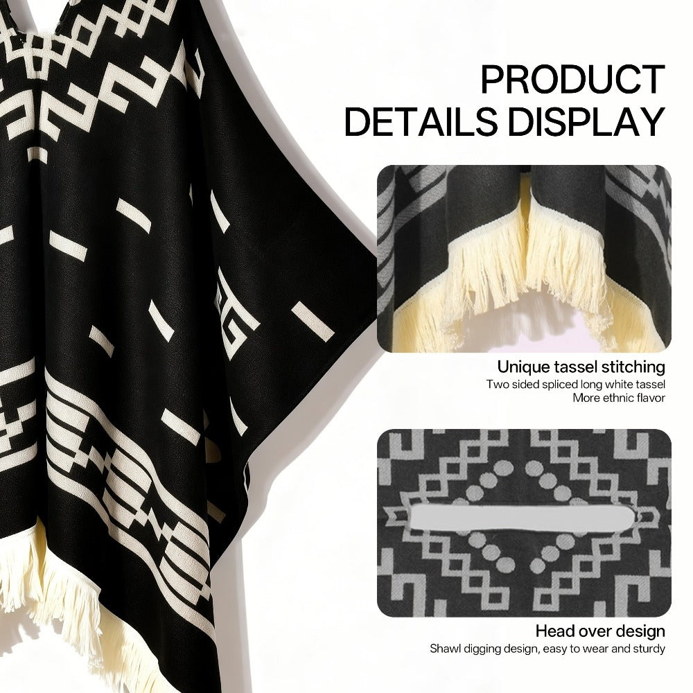 Ponchos & Shawls - Poncho for Men Vintage Geometric Pattern Tassel Detail Warm Acrylic Shawl - product detail view 6