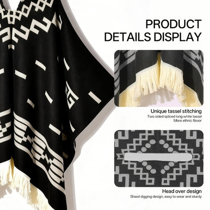 Ponchos & Shawls - Poncho for Men Vintage Geometric Pattern Tassel Detail Warm Acrylic Shawl - product detail view 6