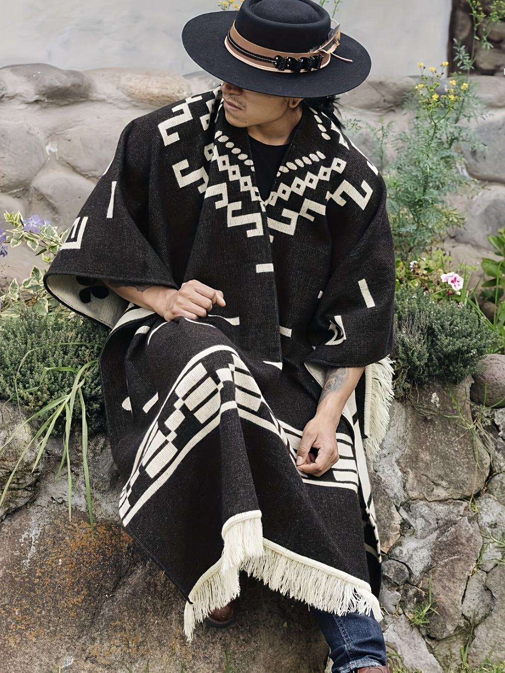 Ponchos & Shawls - Poncho for Men Vintage Geometric Pattern Tassel Detail Warm Acrylic Shawl - product detail view 8