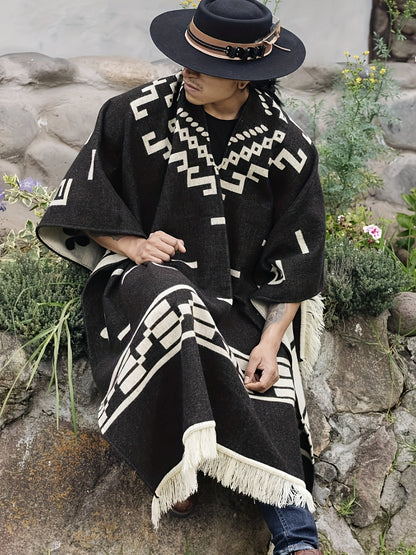 Ponchos & Shawls - Poncho for Men Vintage Geometric Pattern Tassel Detail Warm Acrylic Shawl - product detail view 8