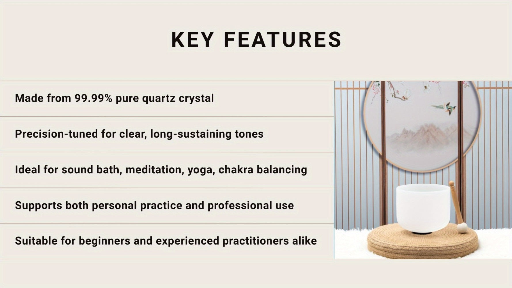 Quartz Crystal Singing Bowl, 8-Inch White Sound Bowl with Mallet detail image - detail view 12