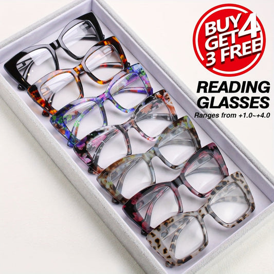 Reading Glasses - Women 7 Pack Large Square Frame Spring Hinges Vintage Print PC Readers - main product view