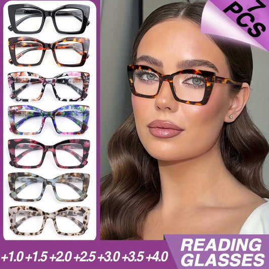 Reading Glasses - Women 7 Pack Large Square Frame Spring Hinges Vintage Print PC Readers - product detail view 2