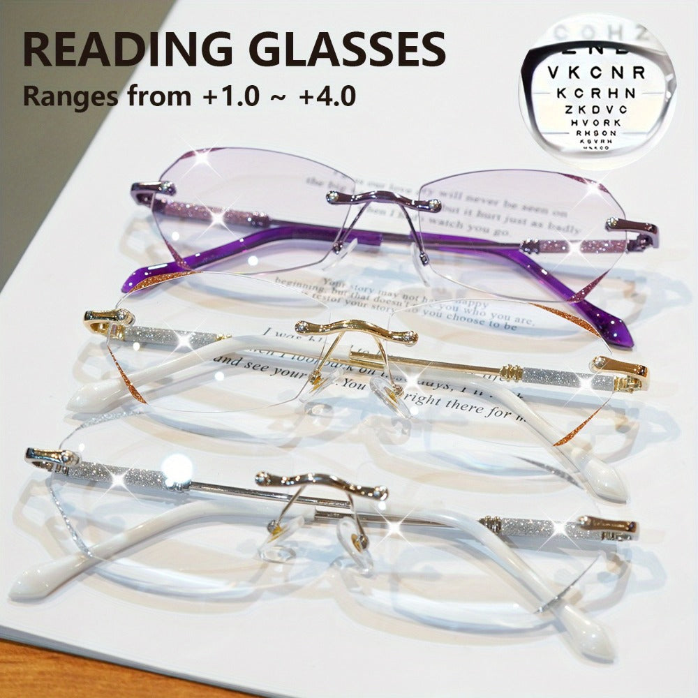 Reading Glasses - Diamond Women 3 Pack Rimless Diamond-Inlaid Edge Anti-Glare PC Lens - product detail view 7