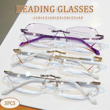 Reading Glasses - Diamond Women 3 Pack Rimless Diamond-Inlaid Edge Anti-Glare PC Lens - product detail view 12