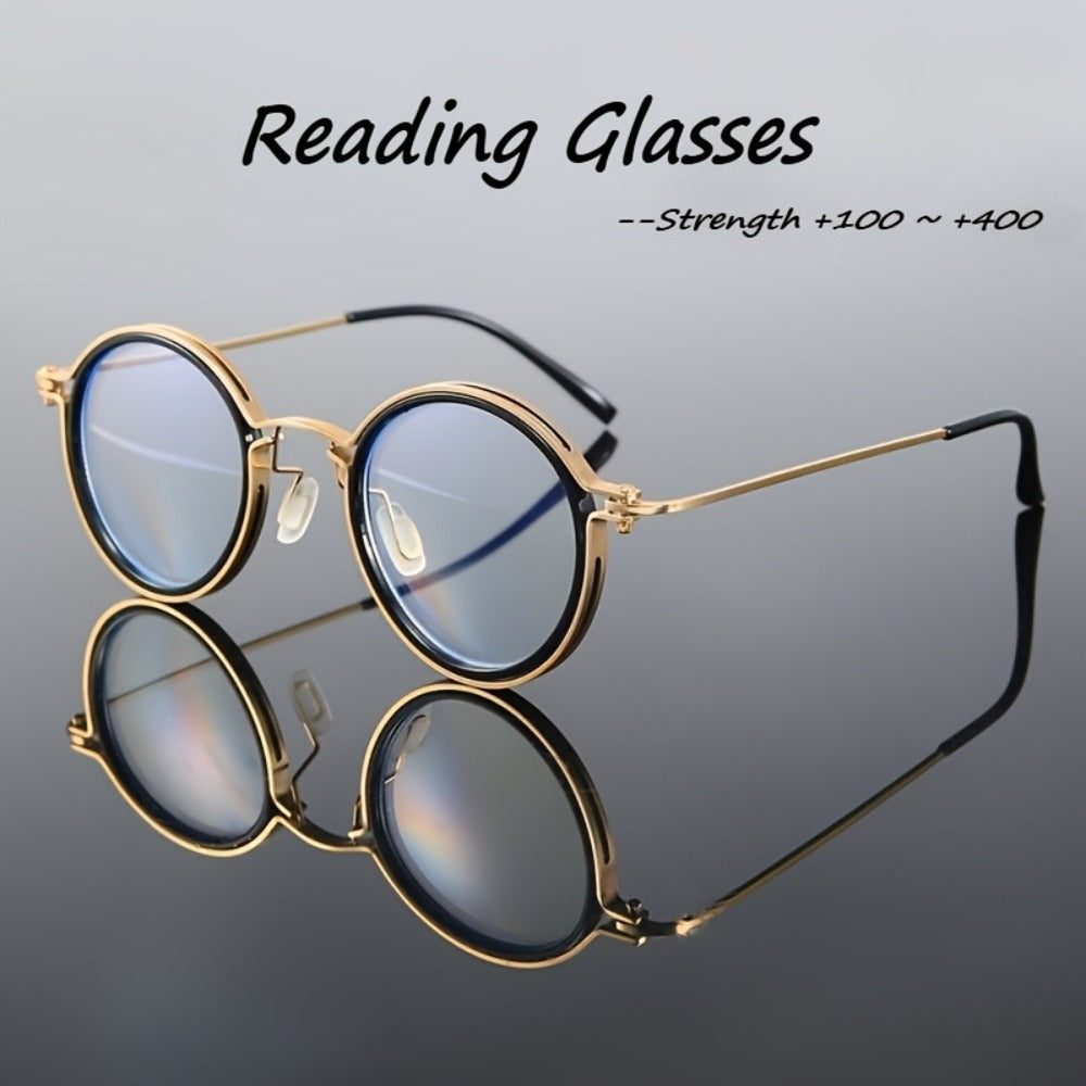 Reading Glasses - Retro Round Metal Frame HD Anti-Glare Lenses with Case, Unisex Vintage - main product view