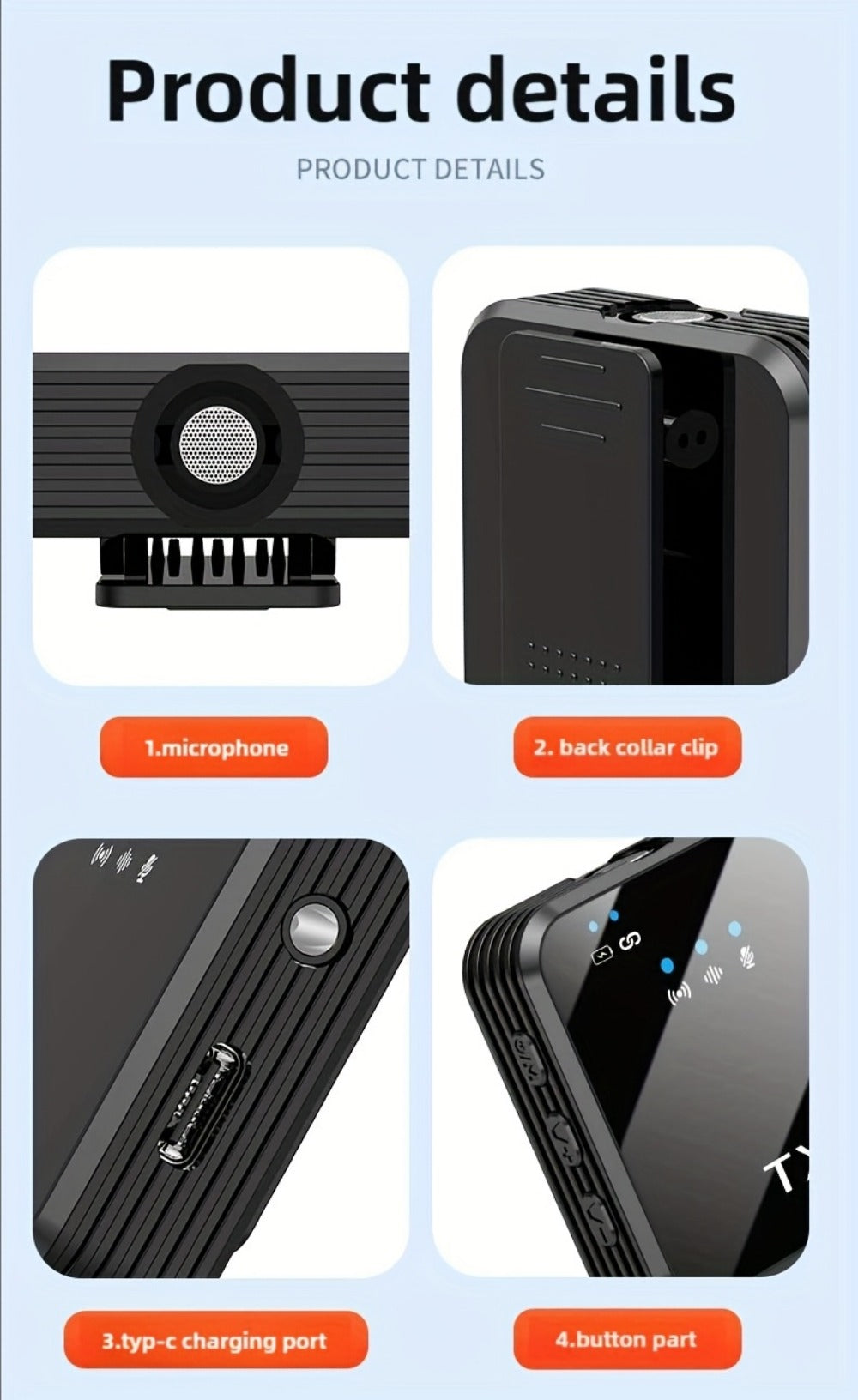 Recording Microphone, Condenser, Wireless, USB-C, Professional, Lavalier for Recording detail image - detail view 26