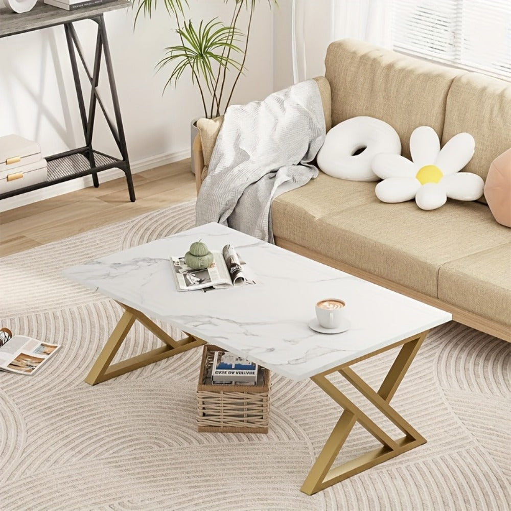 Coffee Table, Faux Marble Rectangular with Sturdy Metal Frame, Modern Industrial Center shown in the main product view