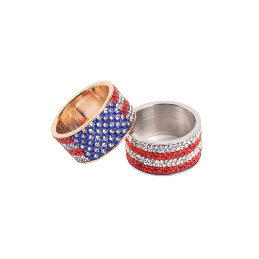 Rings for Women - American Flag Ring Stainless Steel Rhinestone Patriotic Ring Men Gold - product detail view 2