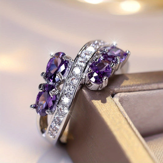 Rings for Women - Purple Zirconia Ring S925 Sterling Silver - Elegant Synthetic Gemstone - product detail view 2