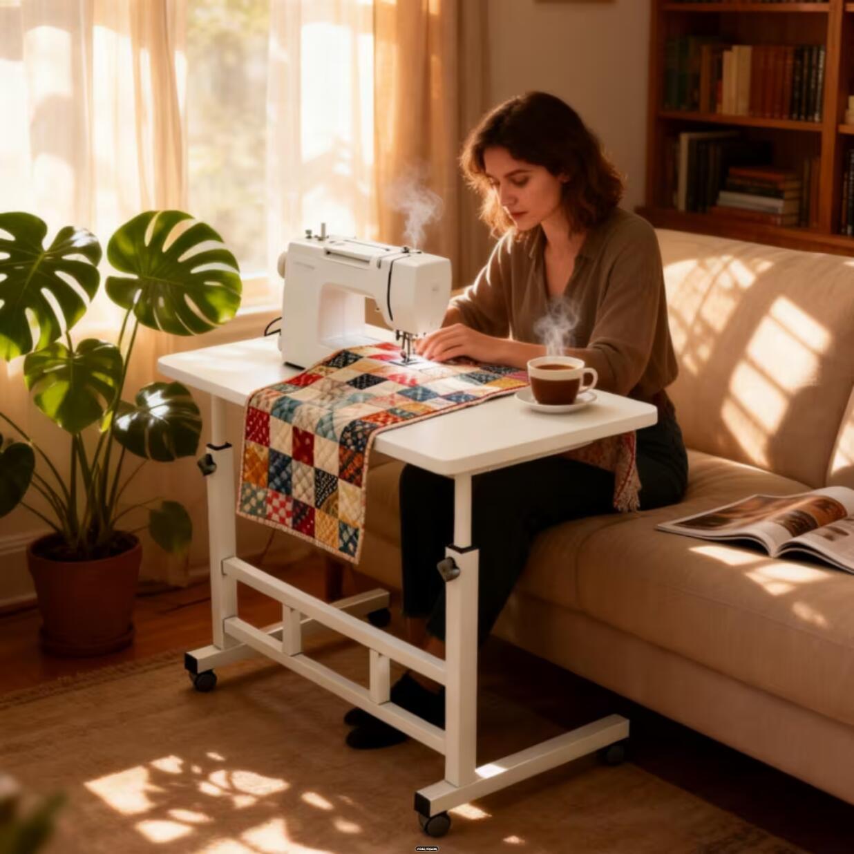 Adjustable Side Table shown in the White - Iron Frame - [Storage Divided, Portable and Mobile], 48 pieces: single layer