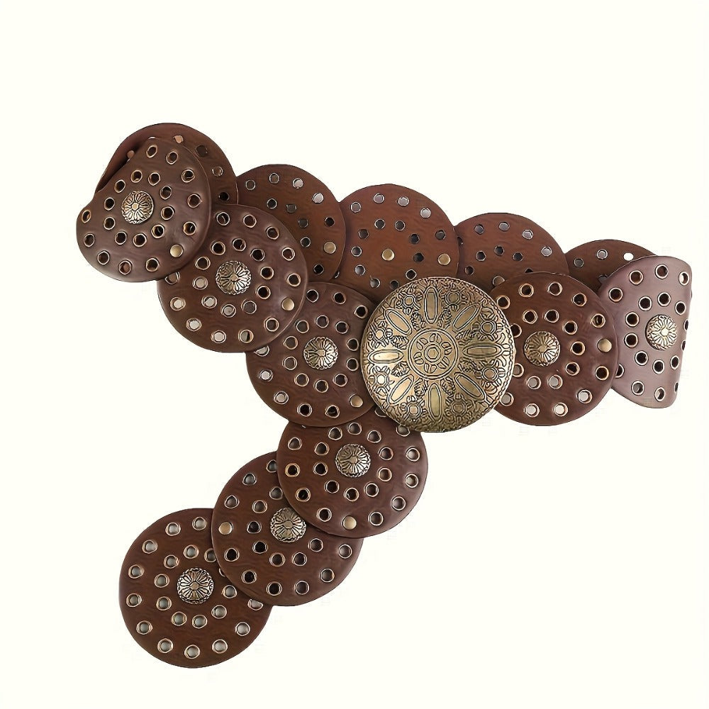 Women's Belt - Boho Western Vintage Engraved Round Buckle Perforated Leather Bohemian - main product view