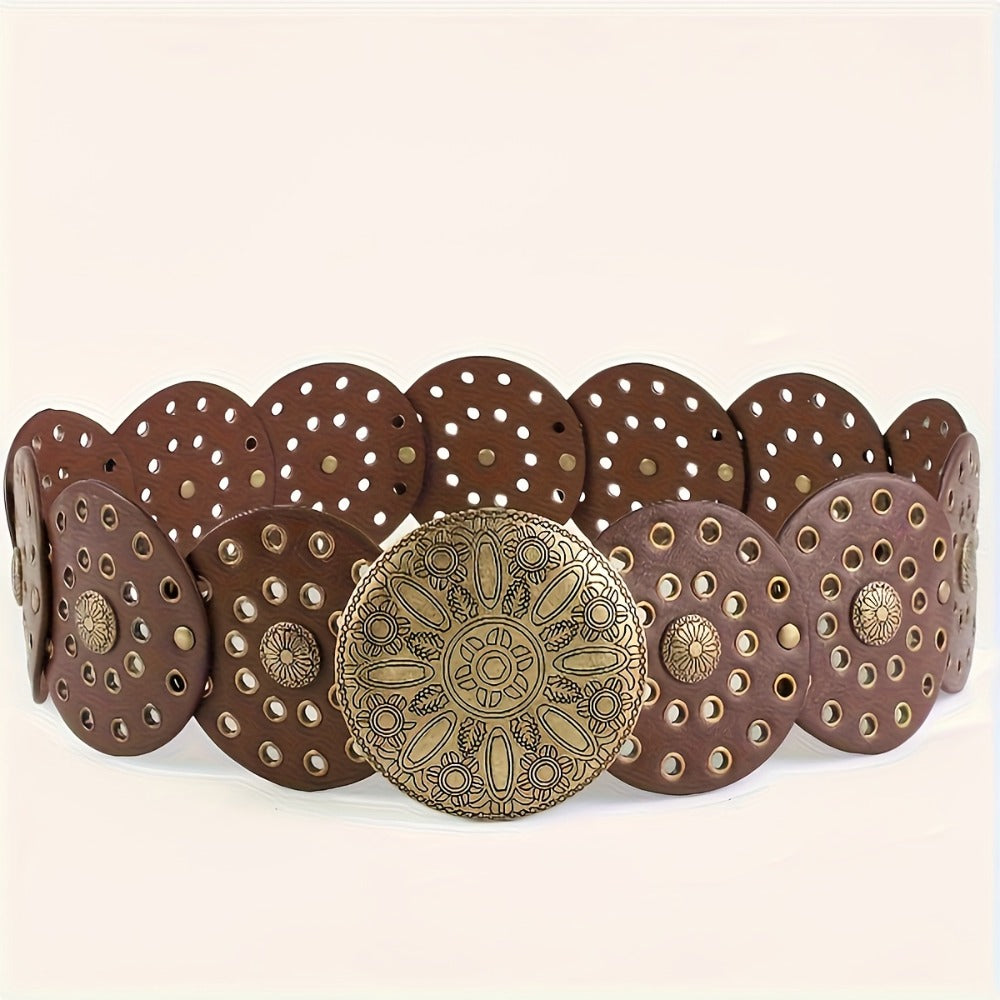 Women's Belt - Boho Western Vintage Engraved Round Buckle Perforated Leather Bohemian - product detail view 2