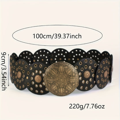 Women's Belt - Boho Western Vintage Engraved Round Buckle Perforated Leather Bohemian - product detail view 4
