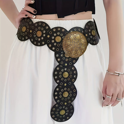 Women's Belt - Boho Western Vintage Engraved Round Buckle Perforated Leather Bohemian - product detail view 5
