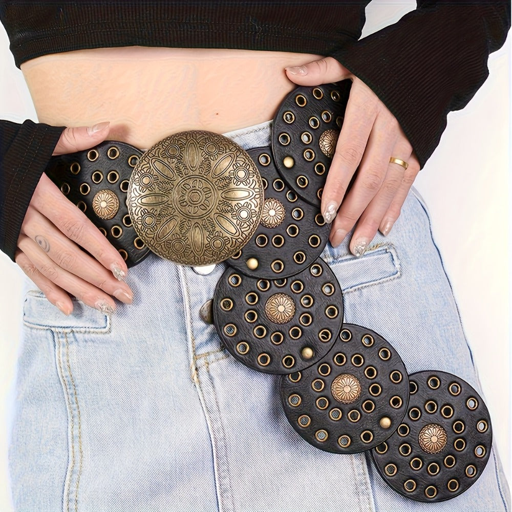 Women's Belt - Boho Western Vintage Engraved Round Buckle Perforated Leather Bohemian - product detail view 6