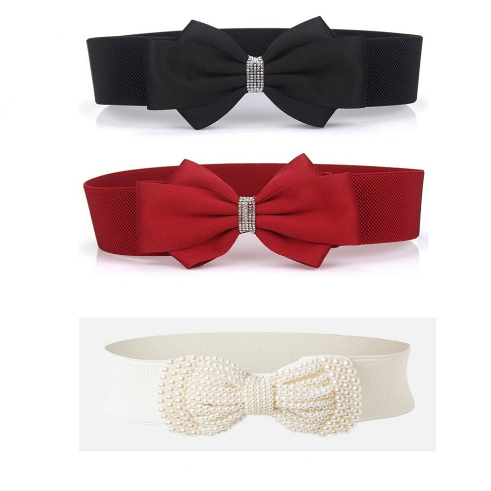 Women's Belt - Bow for 3Pcs Set - Large Bow Elastic Wide Waist Solid Color Decorative - product detail view 3