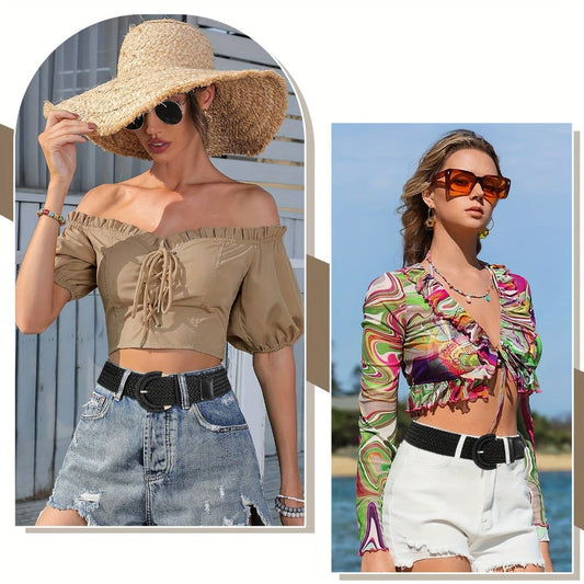 Women's Belt - Braided Rattan Wide for - Woven Waist with Half-Circle Buckle for Summer - product detail view 2