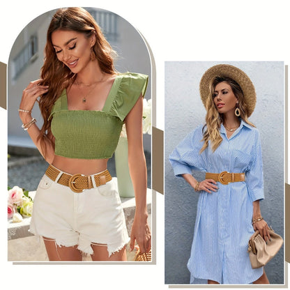 Women's Belt - Braided Rattan Wide for - Woven Waist with Half-Circle Buckle for Summer - product detail view 4