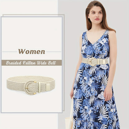 Women's Belt - Braided Rattan Wide for - Woven Waist with Half-Circle Buckle for Summer - product detail view 10