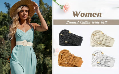 Women's Belt - Braided Rattan Wide for - Woven Waist with Half-Circle Buckle for Summer - product detail view 14