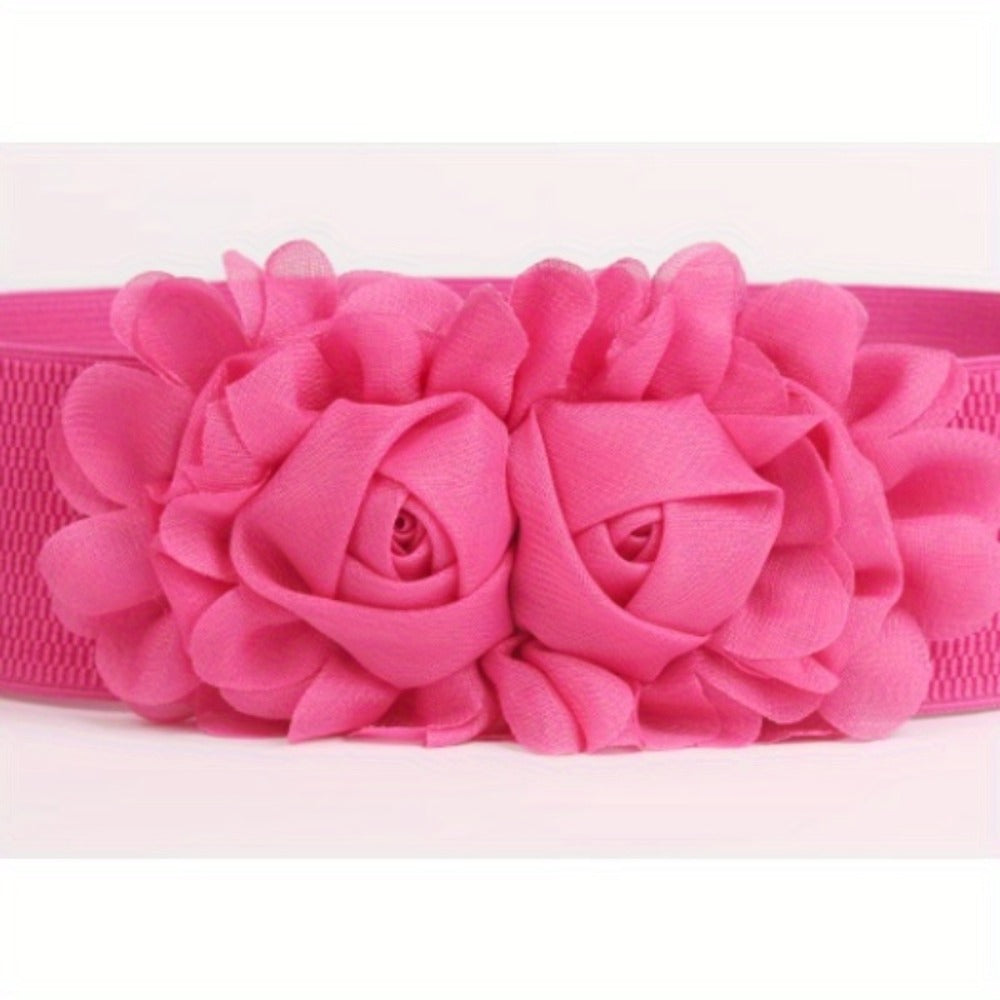 Women's Belt - Elastic Wide Waist for Rose Double Flower Stretch for Dress Skirt Boho - product detail view 4