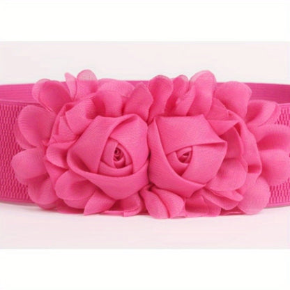 Women's Belt - Elastic Wide Waist for Rose Double Flower Stretch for Dress Skirt Boho - product detail view 4