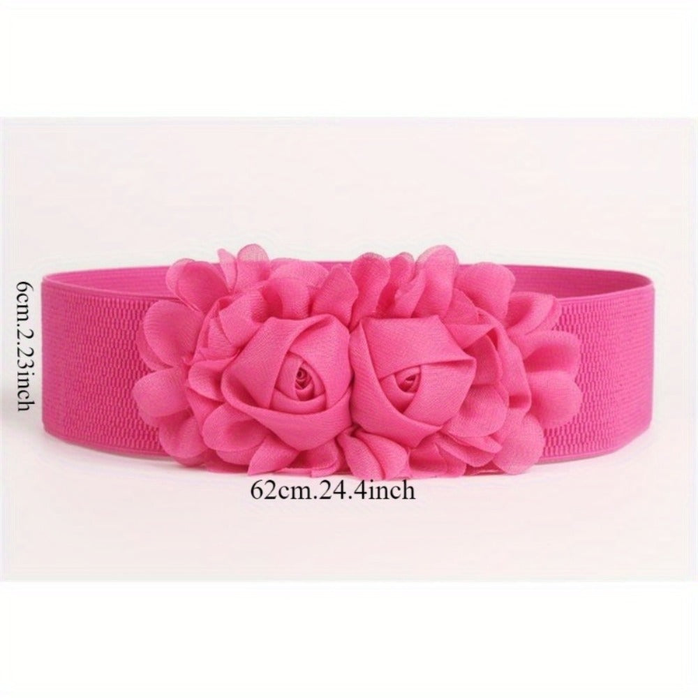 Women's Belt - Elastic Wide Waist for Rose Double Flower Stretch for Dress Skirt Boho - product detail view 5