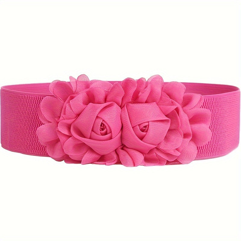 Women's Belt - Elastic Wide Waist for Rose Double Flower Stretch for Dress Skirt Boho - product detail view 7