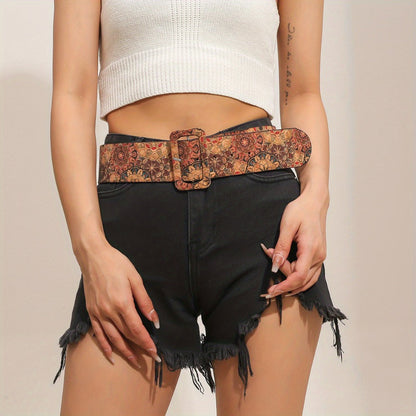 Women's Belt - Floral Boho Buckle Retro Western Flower Design Waist for Jeans Dress - product detail view 12