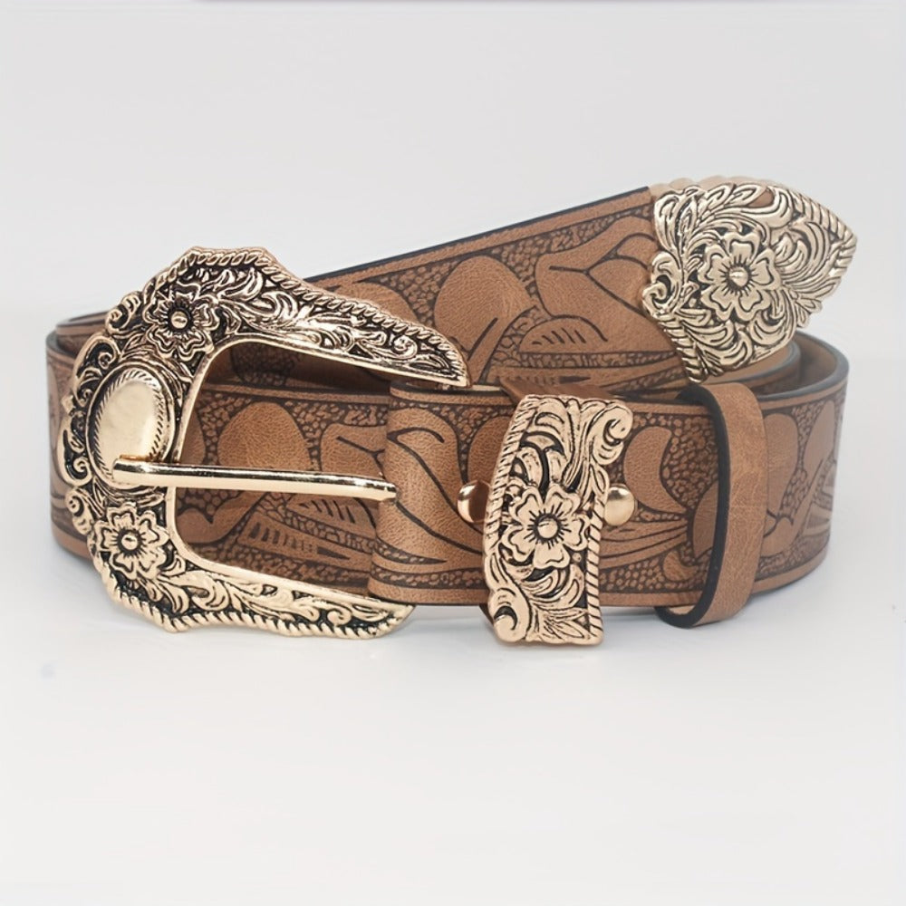 Men's Belt - Floral Embossed PU for Women - Vintage Western Carving Buckle Leather - product detail view 2
