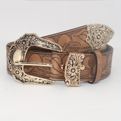 Men's Belt - Floral Embossed PU for Women - Vintage Western Carving Buckle Leather - product detail view 2