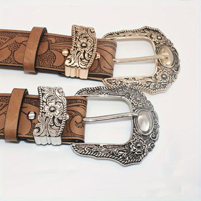 Men's Belt - Floral Embossed PU for Women - Vintage Western Carving Buckle Leather - product detail view 4