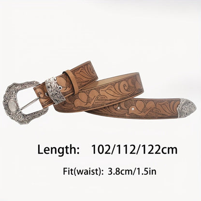 Men's Belt - Floral Embossed PU for Women - Vintage Western Carving Buckle Leather - product detail view 6