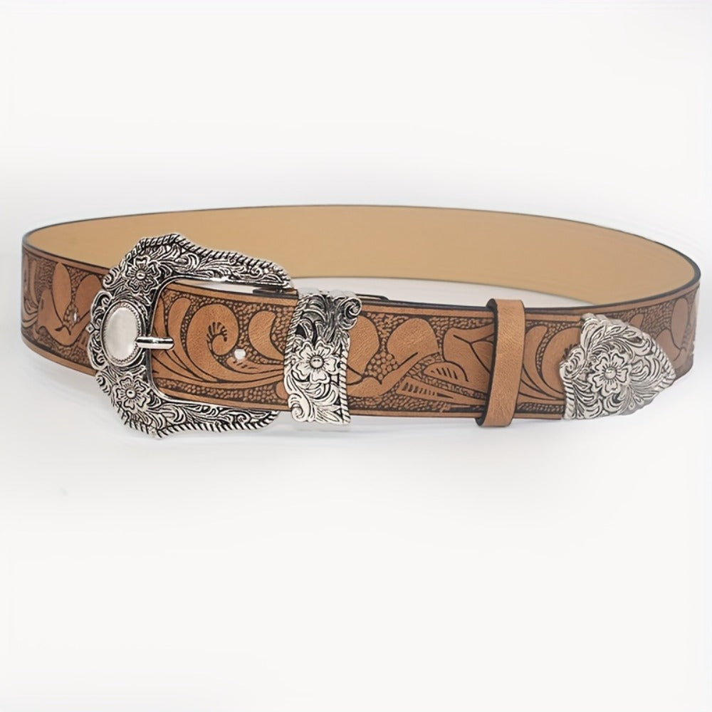 Men's Belt - Floral Embossed PU for Women - Vintage Western Carving Buckle Leather - product detail view 7