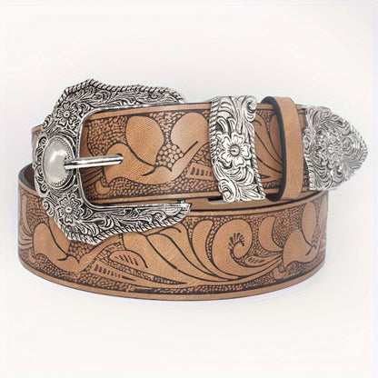 Men's Belt - Floral Embossed PU for Women - Vintage Western Carving Buckle Leather - product detail view 8