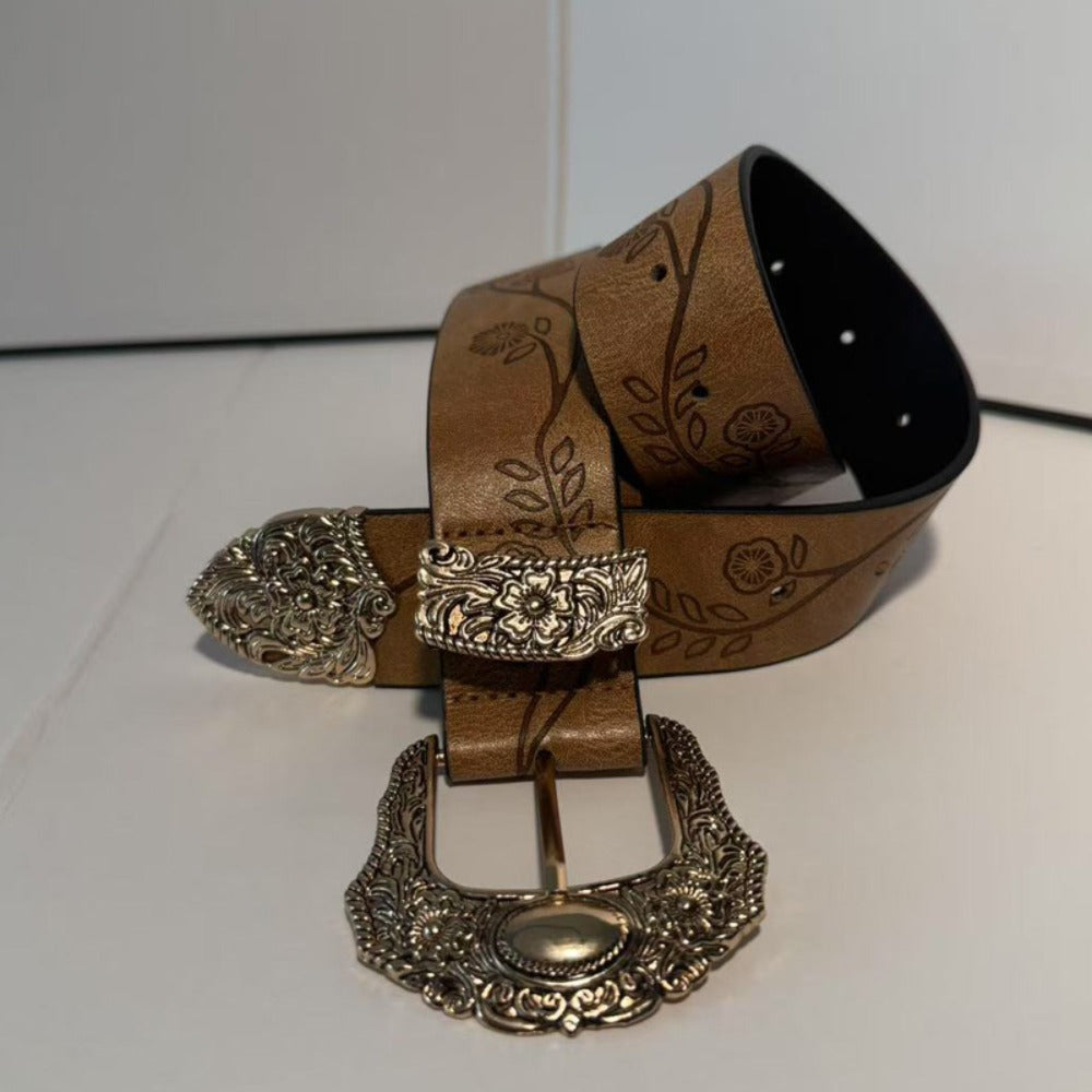 Men's Belt - Floral Western for Women | Vintage Embossed Flower Waistband with Engraved - product detail view 2