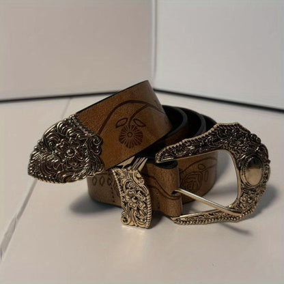 Men's Belt - Floral Western for Women | Vintage Embossed Flower Waistband with Engraved - product detail view 9