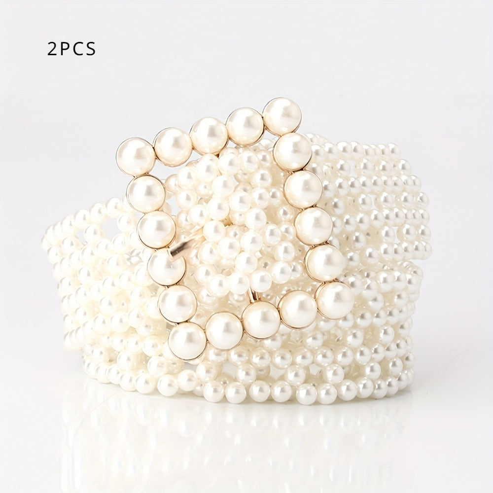 Women's Belt - Pearl for Adjustable Woven Waist - Elegant Hollow Faux Pearl Body Chain - product detail view 2