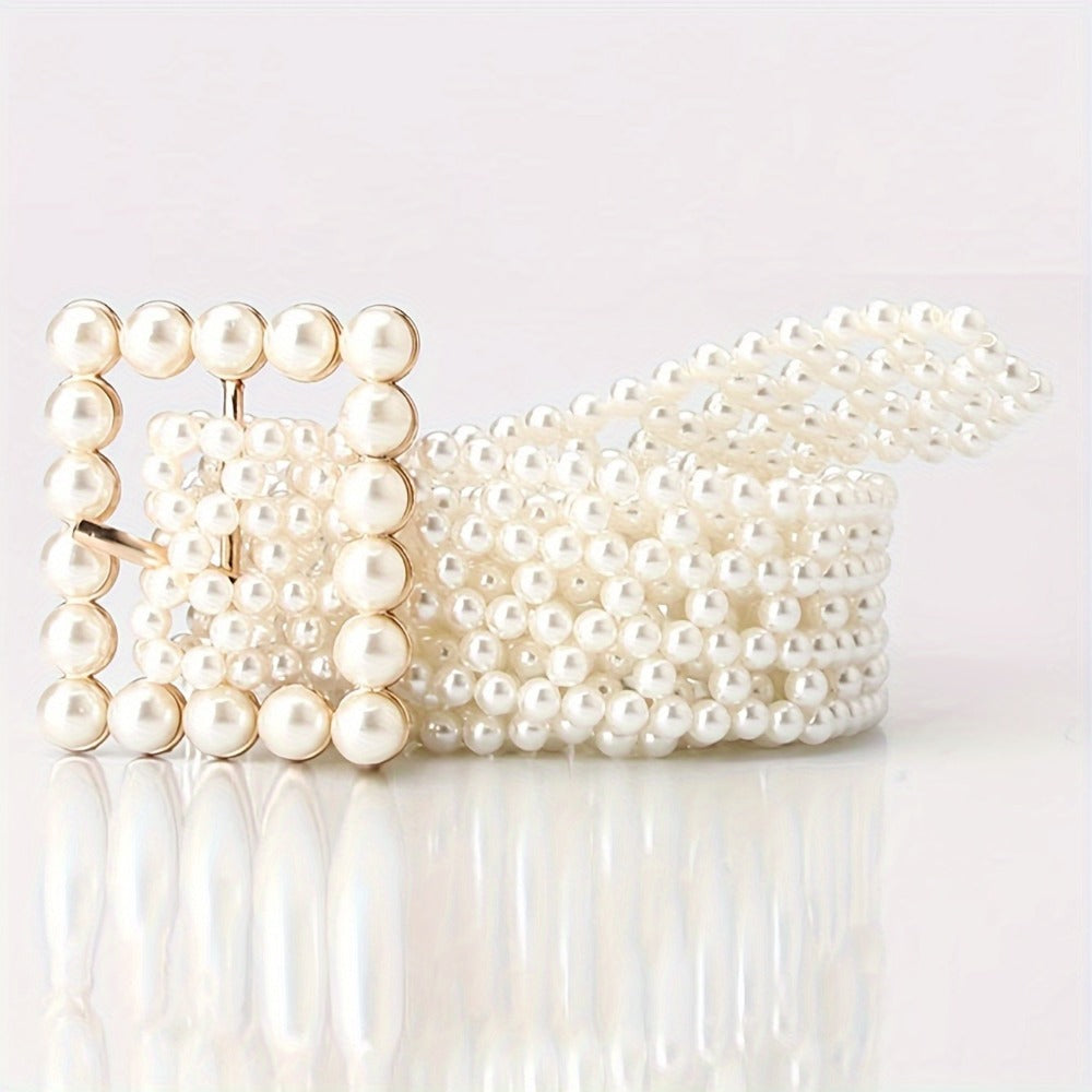 Women's Belt - Pearl for Adjustable Woven Waist - Elegant Hollow Faux Pearl Body Chain - product detail view 4