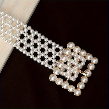 Women's Belt - Pearl for Adjustable Woven Waist - Elegant Hollow Faux Pearl Body Chain - product detail view 6