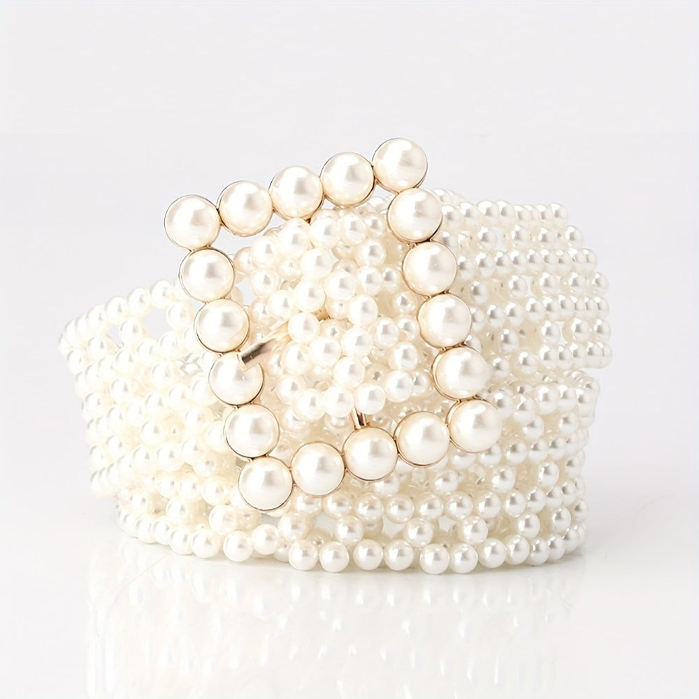 Women's Belt - Pearl for Adjustable Woven Waist - Elegant Hollow Faux Pearl Body Chain - product detail view 8