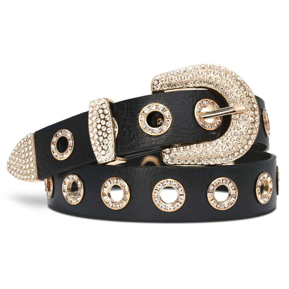 Women's Belt - Punk for Faux Leather Studded Grommet Rhinestone Rock - Vintage Edgy Waist - product detail view 3