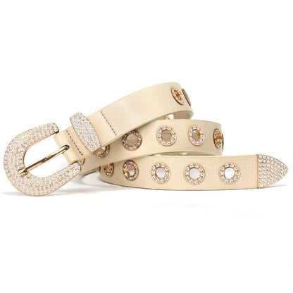 Women's Belt - Punk for Faux Leather Studded Grommet Rhinestone Rock - Vintage Edgy Waist - product detail view 4