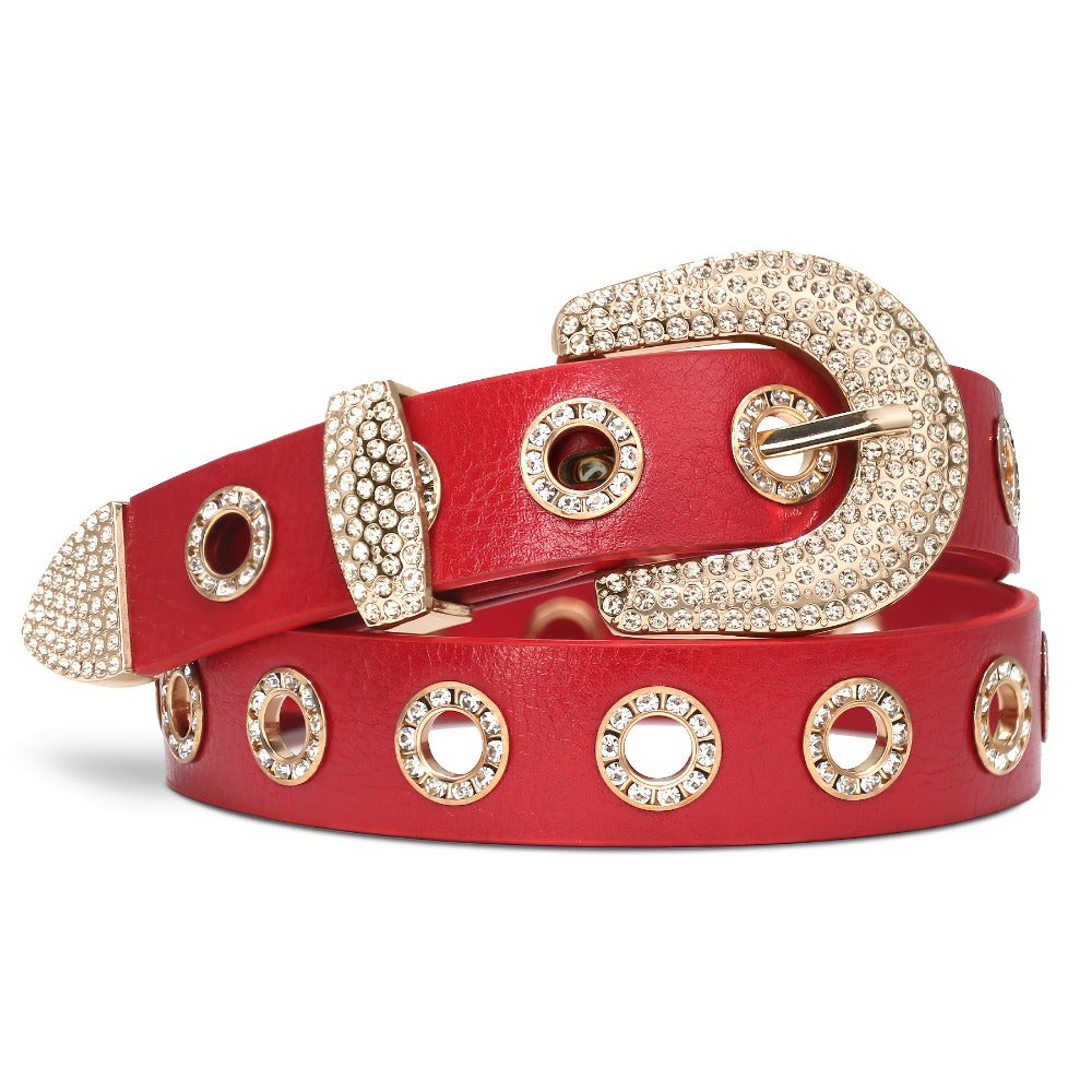 Women's Belt - Punk for Faux Leather Studded Grommet Rhinestone Rock - Vintage Edgy Waist - product detail view 5