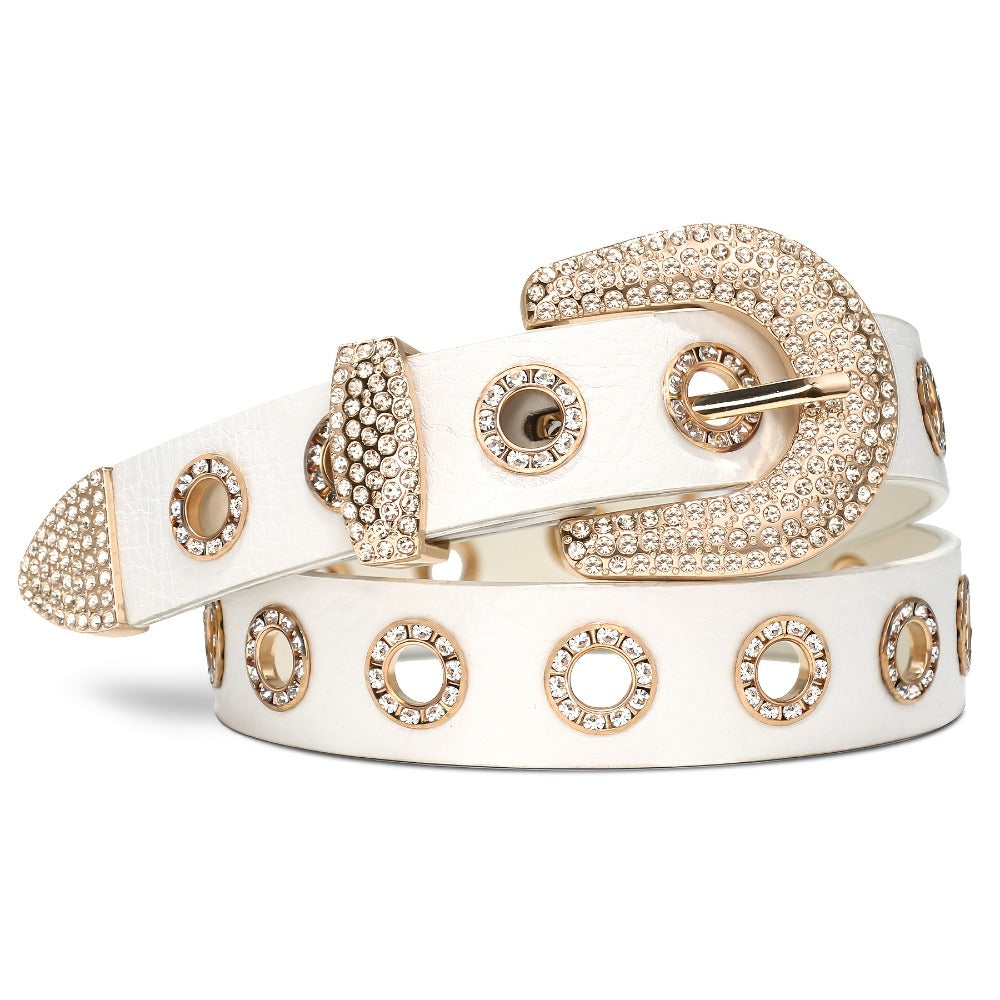 Women's Belt - Punk for Faux Leather Studded Grommet Rhinestone Rock - Vintage Edgy Waist - product detail view 7