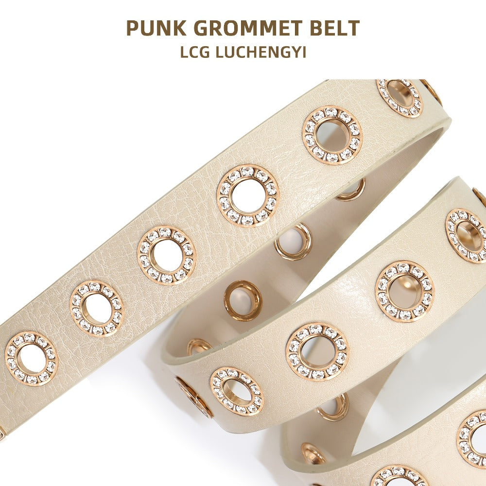 Women's Belt - Punk for Faux Leather Studded Grommet Rhinestone Rock - Vintage Edgy Waist - product detail view 8
