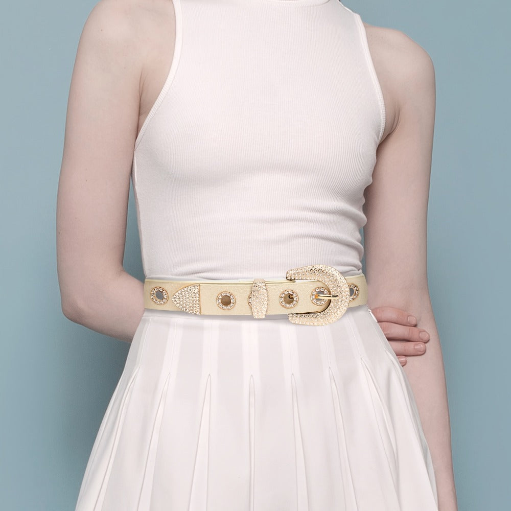Women's Belt - Punk for Faux Leather Studded Grommet Rhinestone Rock - Vintage Edgy Waist - product detail view 10